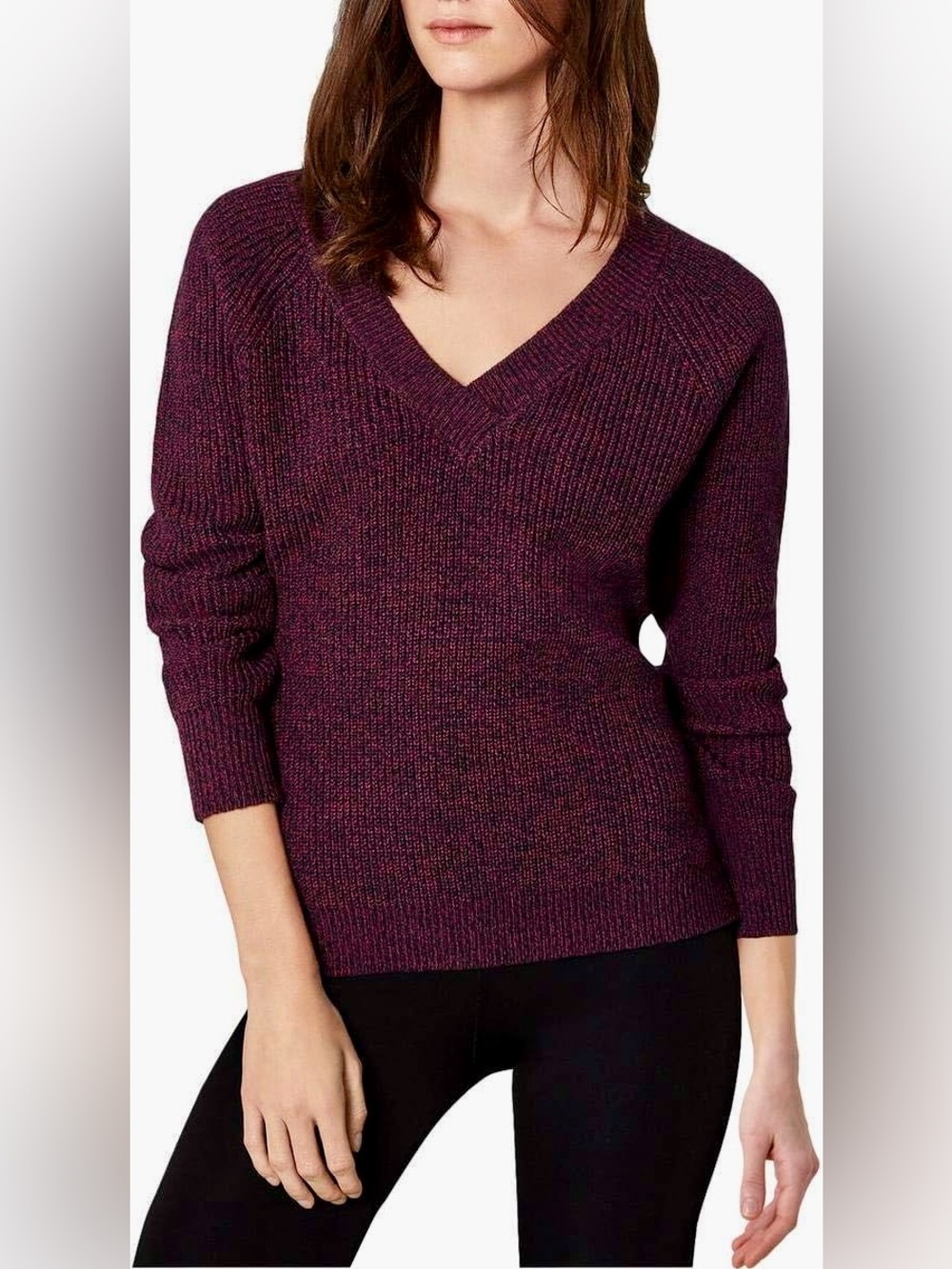 BCBG MaxAzria Marled Burgundy V-Neck Pullover Sweater